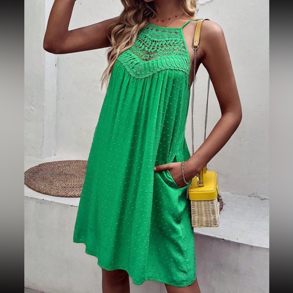 Boho lace insert Swiss dot halter dress mustard yellow - Picture 11 of 12